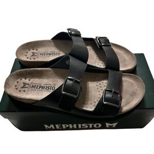 Mephisto NIB Women’s Harmony Leather/Cork Sandals Black Sz.41/11US Boho-Chic